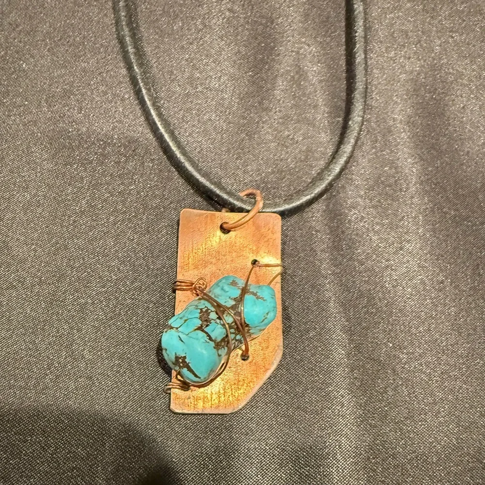 Artisan Copper Wire Wrapped Natural Turquoise Pendant with Leather Cord